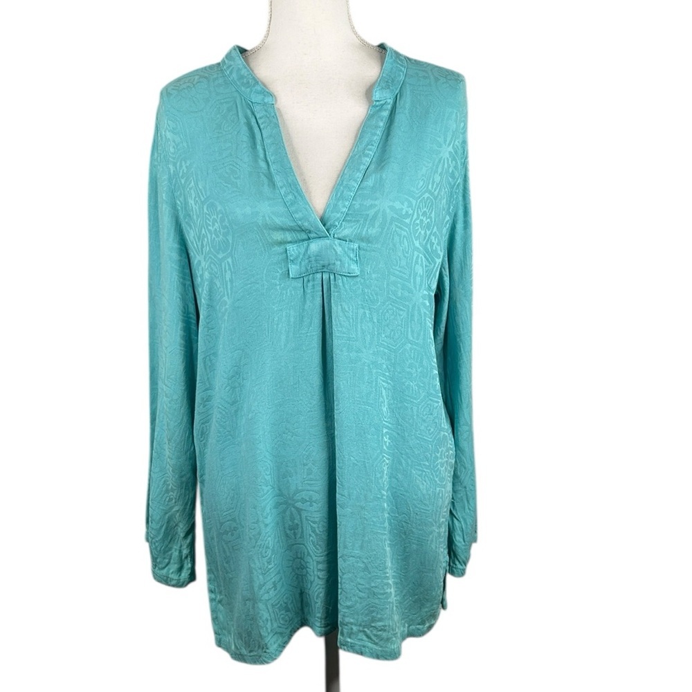 Soft Surroundings Turquoise Flowy Casual Summer Vacation V-Neck Top Size Large